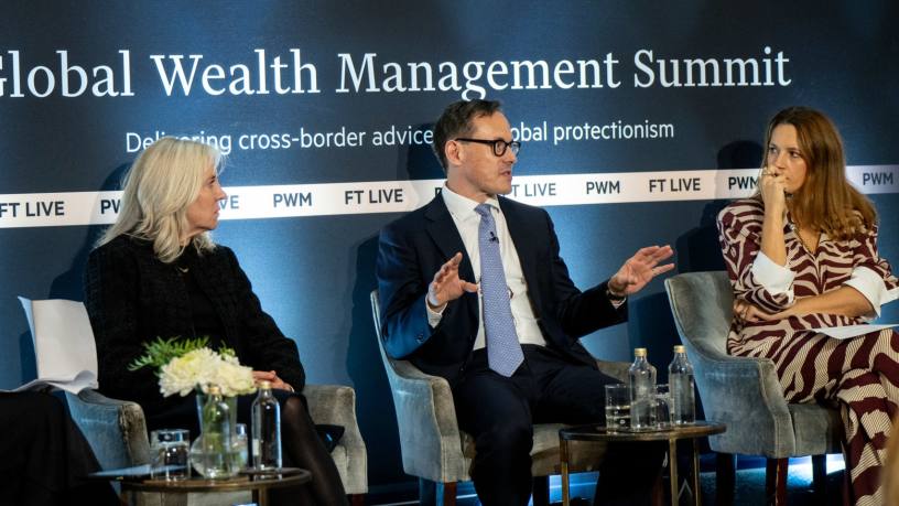 Belinda Aspinall, Hannes Hofmann and Eliza Filby onstage at the Global Wealth Management Summit in London